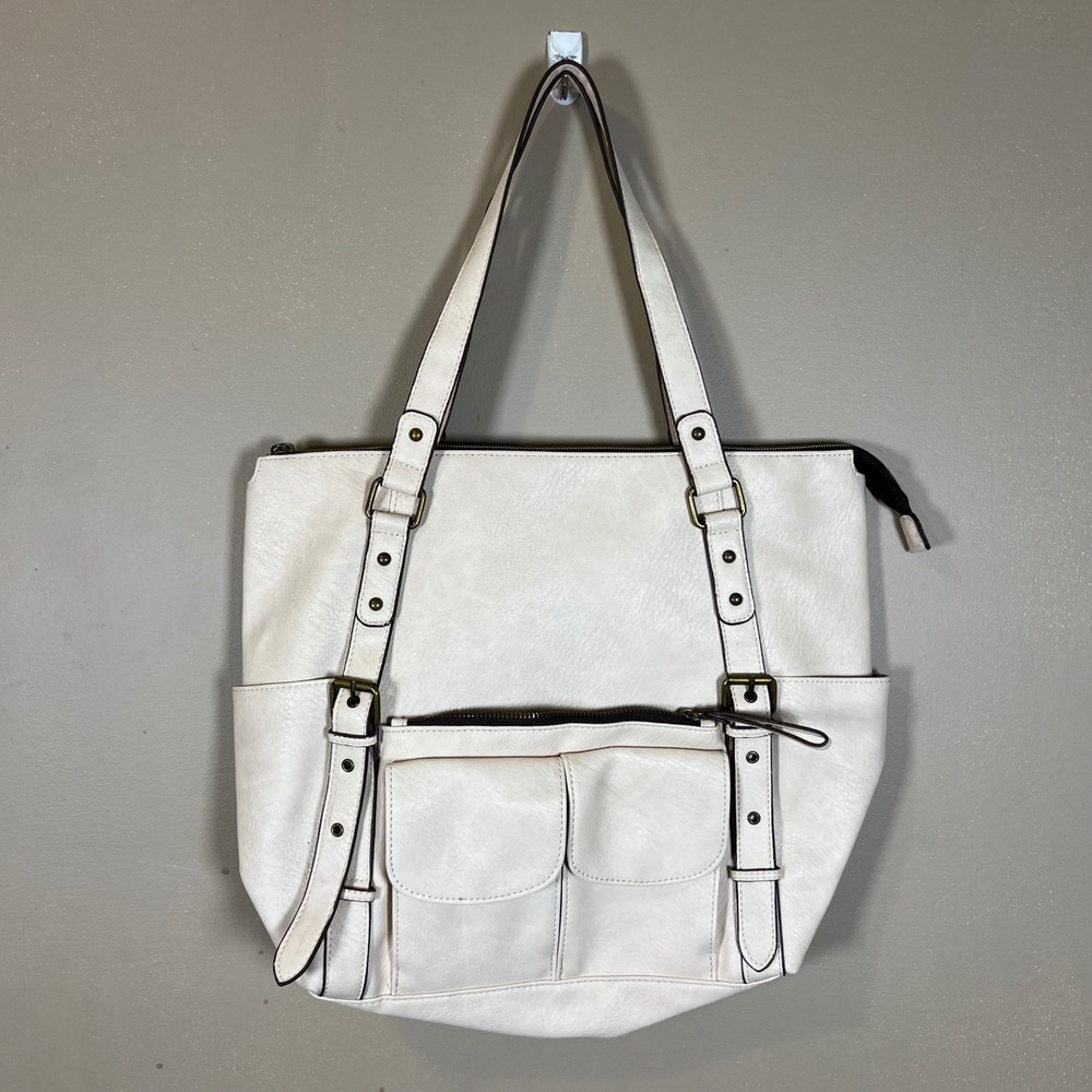 Cream Faux Leather Multi Pocket Tote Bag TT211254 Brass Hardware